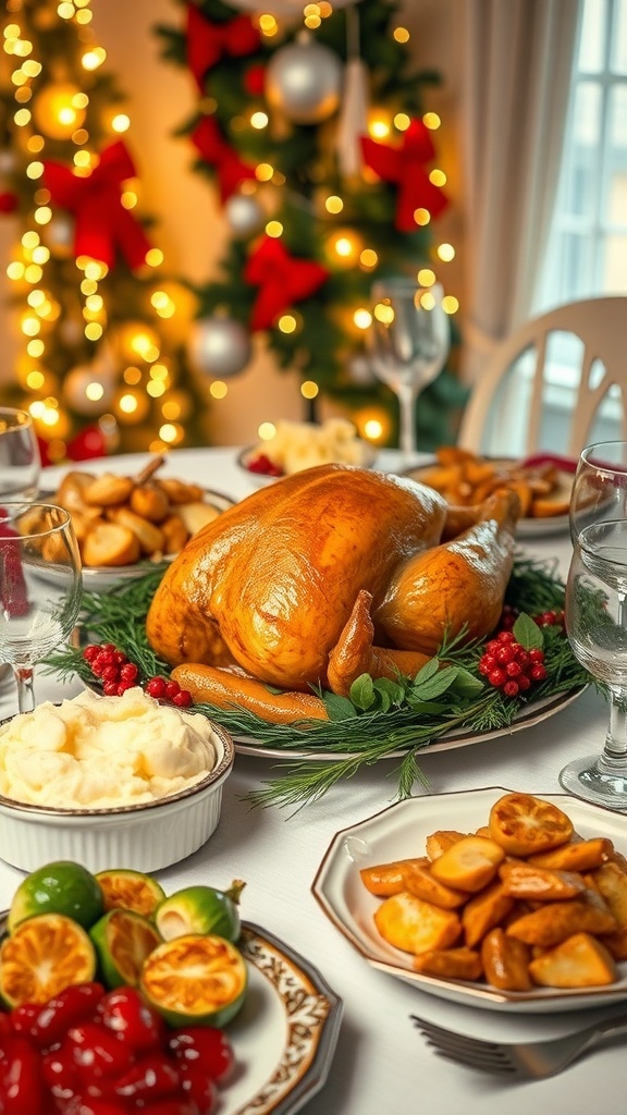 A festive Christmas dinner table with roast turkey, mashed potatoes, Brussels sprouts, and cranberry sauce, decorated with holiday lights.